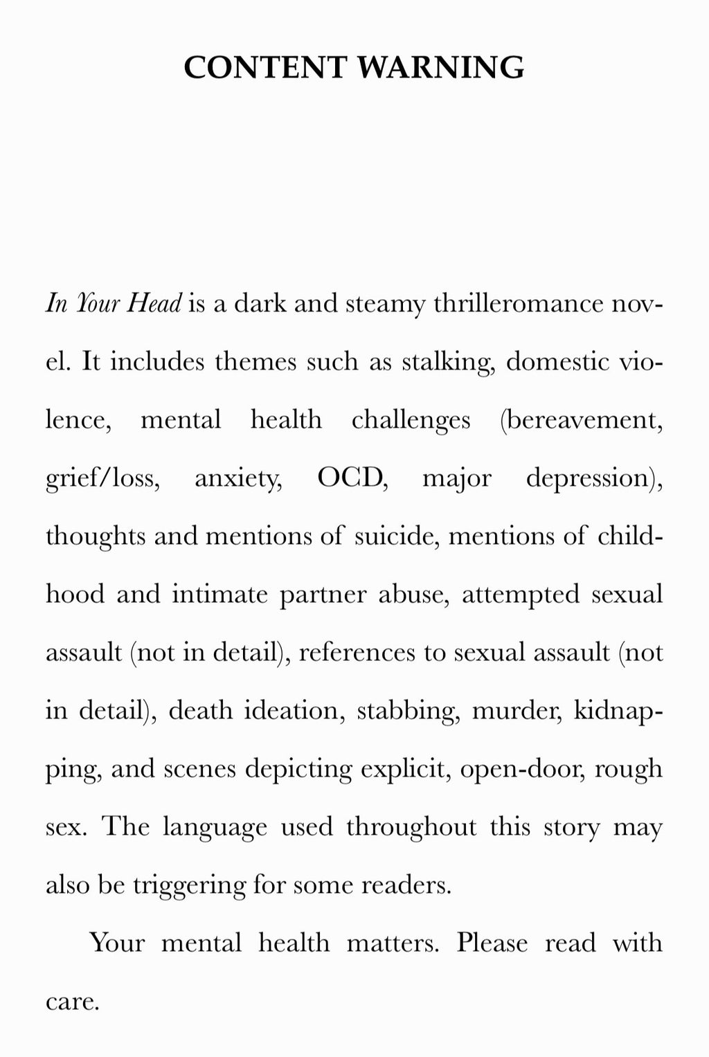 In Your Head, a dark romance novel, signed paperback by K. Hollow